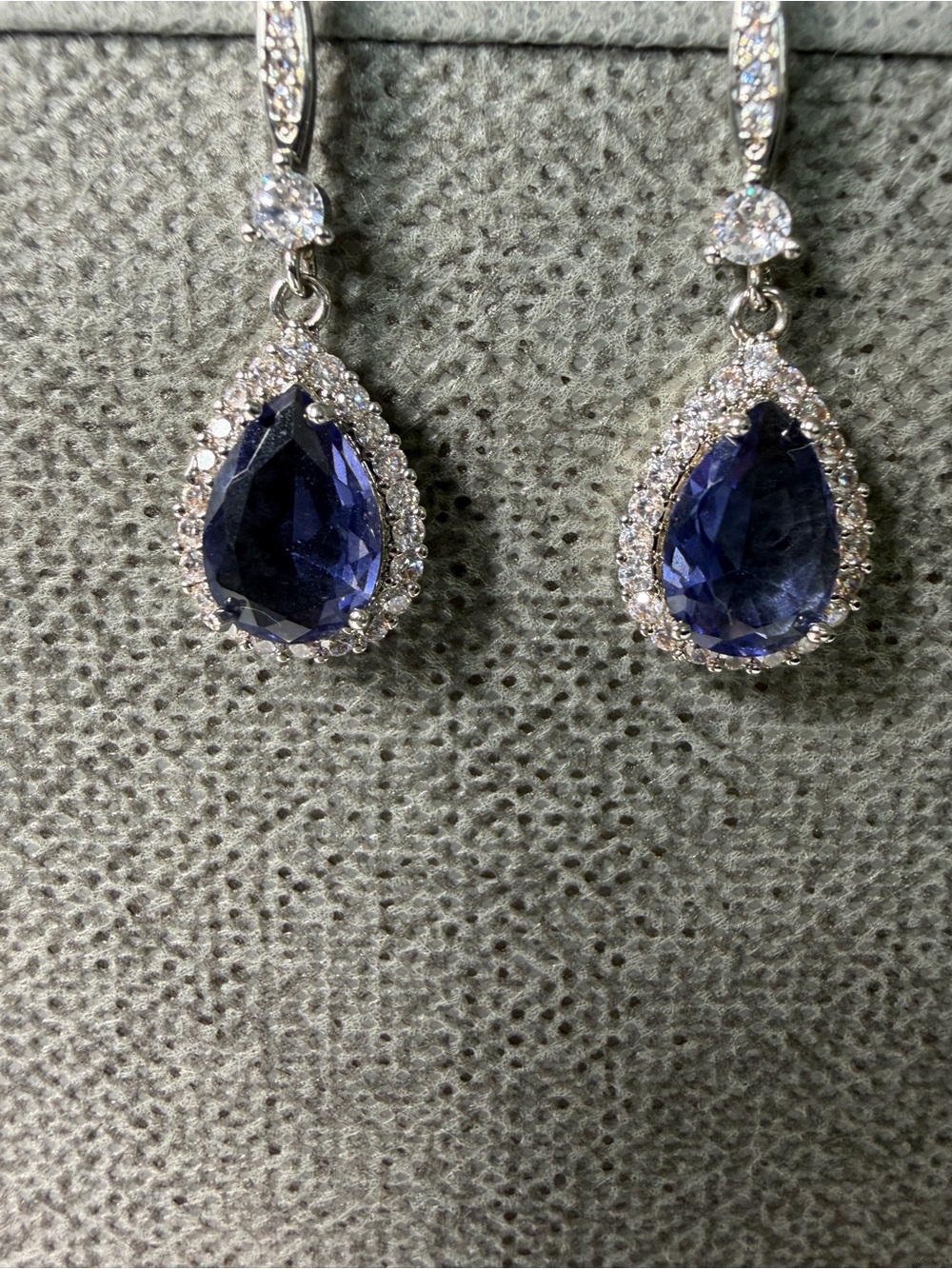 Sterling Silver Teardrop Blue Sapphire Halo Drop Earrings - Picture 1 of 5